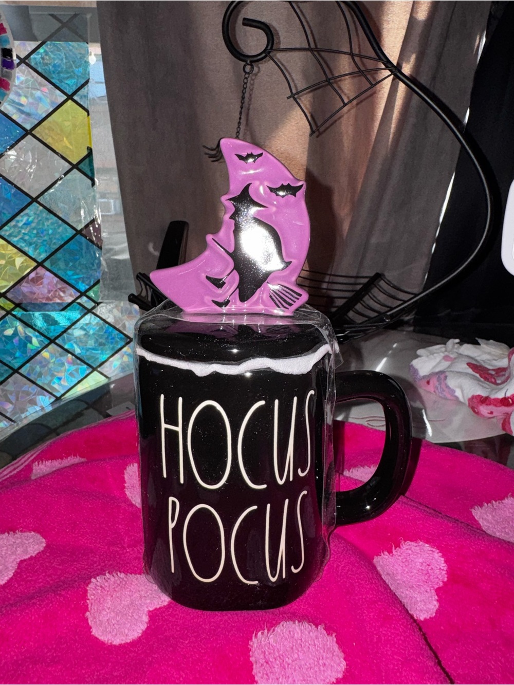 Rae Dunn Black 'Hocus Pocus' Ceramic Mug with Pink Witch Lid